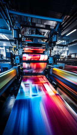 Dynamic modern printing press in action colorful newspapers and magazines on conveyor belt