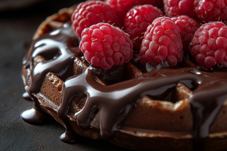 Delicious waffles topped with dark chocolate and fresh raspberries on a rustic wooden surfaceの写真素材