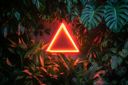 Neon triangle frame surrounding tropical plants on dark background abstract nature conceptの写真素材