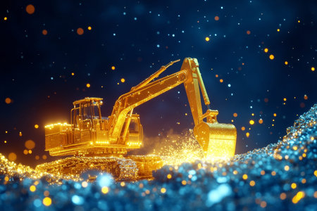 A yellow excavator illuminating the night sky with golden sparkles and a magical atmosphere