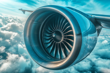 Close up of airplane engine with clouds and vibrant blue sky from inside the plane window