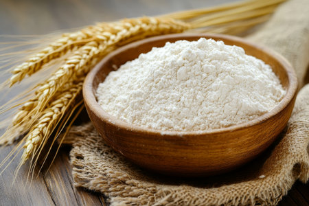 Realistic photo of white flour in a wooden bowl with an ear of wheat on a table surfaceの写真素材