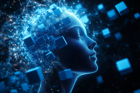 3d hologram of a human head with glowing cubes, symbolizing ai technology and cybersecurity networkの写真素材
