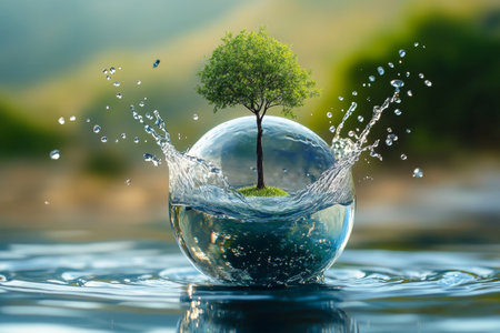 Water splashing on sphere with tree, mountain background for world environment day bannerの写真素材