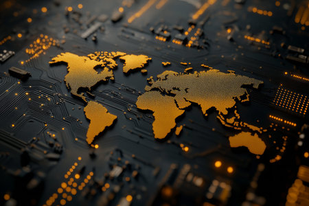 3d digital world map on circuit board with bokeh effect global connectivity and technology concept