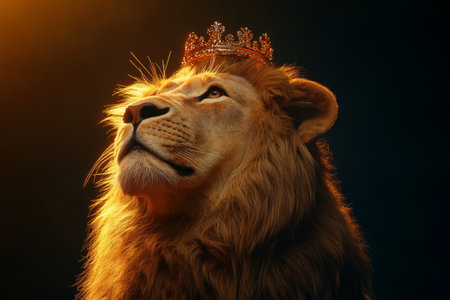 Regal lion in profile wearing a crown, illuminated by golden light on a dark backgroundの写真素材