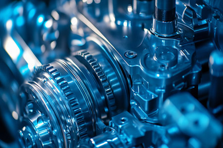 Close up of gears and engine components in an automotive machine with blue tones and detailの写真素材