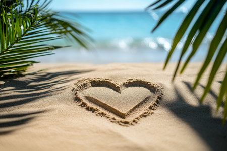 Heart shaped sand drawing on tropical beach with palm leaves and blue sea for travel and love themesの写真素材