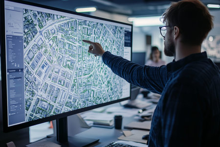 Engineer reviews city map on monitor with advanced urban planning software in modern office