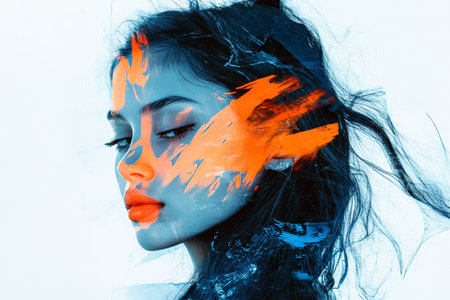 Modern abstract portrait of a woman with double exposure and glitch effects in blue and orange huesの写真素材