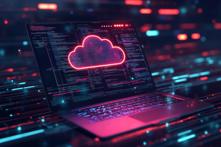 Laptop with cloud icon and floating documents on dark background for digital data transfer