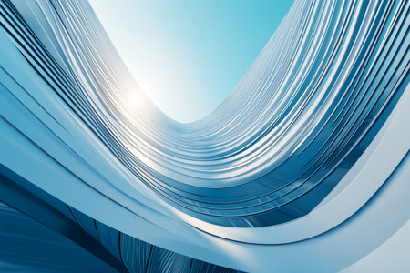 Minimalist abstract blue background featuring 3d waves and curved lines in soft light tonesの写真素材