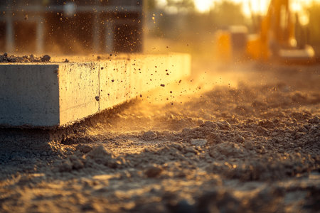 Close up of fresh concrete base at construction site with dust in golden hour lightingの写真素材