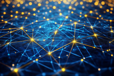Abstract 3d visualization of luminous golden connections over a blue grid with copy space
