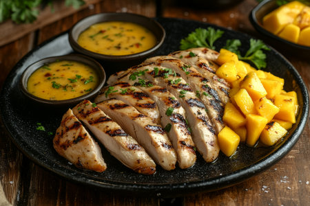 Sliced grilled chicken with mango sauce and sweet potato, served on iron plate on wooden tableの写真素材