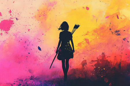 Anime inspired ink painting of a girl with an arrow, walking away against a colorful gradientの写真素材