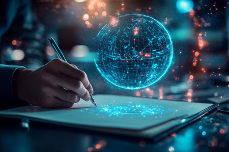 Businessman sketching a futuristic digital sphere icon in a bright office workspace settingの写真素材
