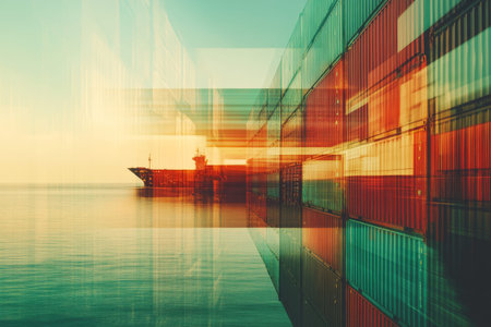 Double exposure of cargo containers and ocean a global business concept in transportation industry