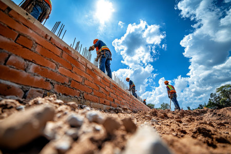 Construction workers building a red brick wall under a bright blue sky with bokeh effectの写真素材