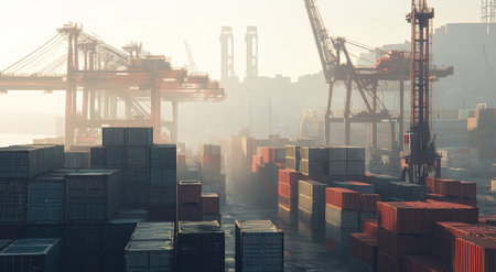 Cargo port scene featuring stacked shipping containers and cranes representing global trade dynamicsの写真素材