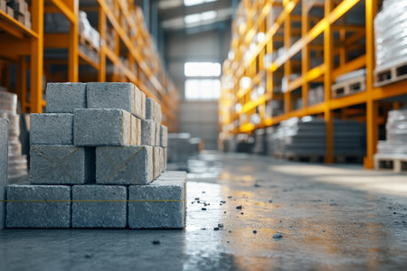 Detailed 3d rendering of construction materials and building blocks in a warehouse settingの写真素材