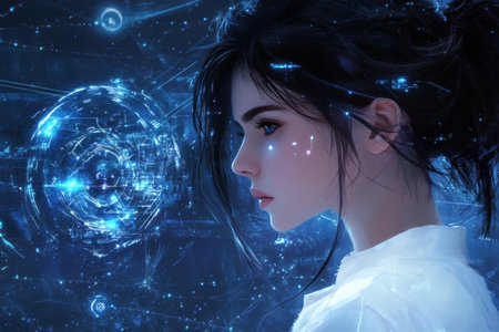 Digital portrait of a woman with technology icons on blue background, symbolizing ai and connectionの写真素材