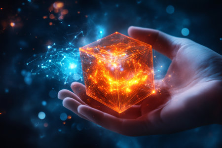 Futuristic concept hand holding a radiant orange and red cube against a high tech digital backdropの写真素材