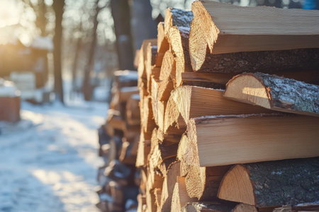 Close up of stacked firewood with person preparing pine wood for winter against a scenic backgroundの写真素材