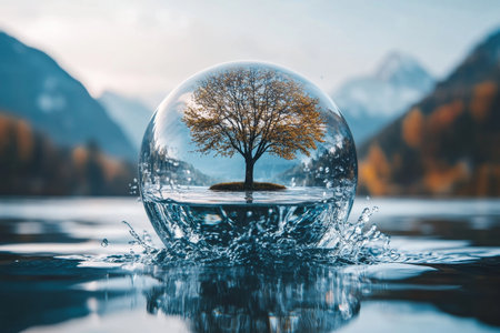 Stunning water sphere with tree inside surrounded by mountains in a minimalist and elegant settingの写真素材