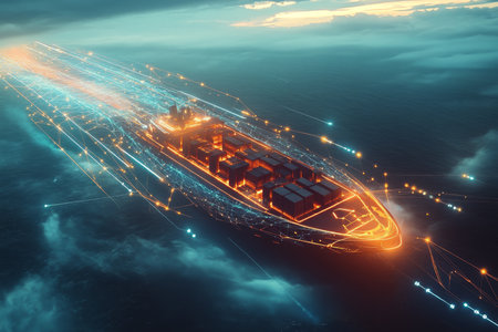 Futuristic cargo ship in twilight sea with digital connections and glowing data lines around vesselの写真素材