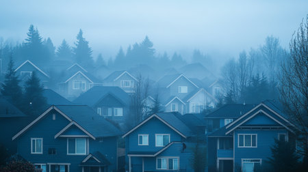 Cinematic photorealistic view of blue and gray houses in a misty suburban neighborhood at dawnの写真素材