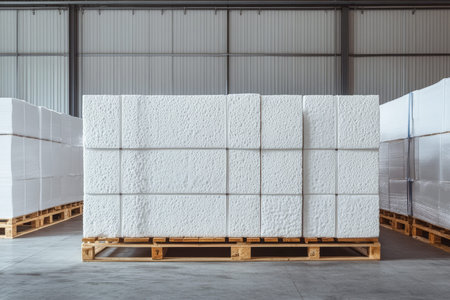 White polystyrene foam wall panels stacked on wooden pallets inside a warehouse environment