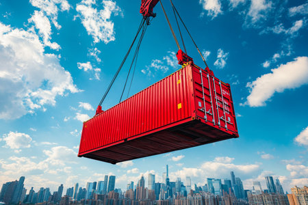 Crane lifting red shipping container against city skyline and blue sky with cloudsの写真素材