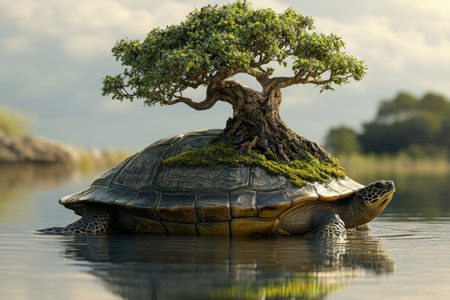 A majestic turtle with a bonsai tree on its shell amidst breathtaking natural sceneryの写真素材
