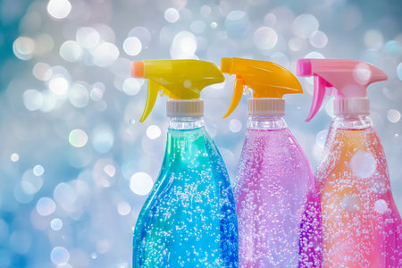 Vibrant cleaning spray bottles surrounded by bubbles on a blurred colorful backgroundの写真素材