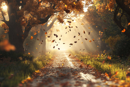 Autumn forest road in 3d a fantasy scene with falling leaves and glowing sunlight amidst treesの写真素材
