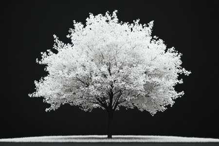 Minimalist white tree against a black background in photographic realism with soft lightingの写真素材