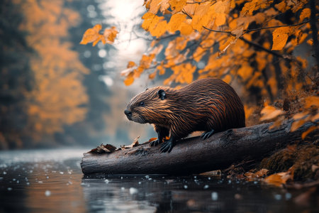 A beaver navigates a forest riverbank amidst vibrant autumn foliage with cinematic lightingの写真素材