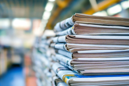 Dynamic close up of printed newspapers in motion on a press machine in a printing facility