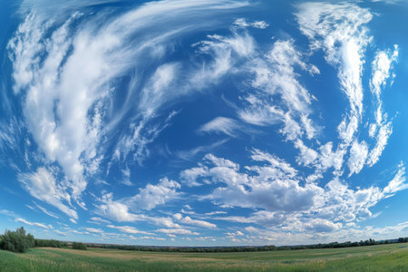Stunning panoramic view of a clear summer day with blue sky and fluffy white clouds