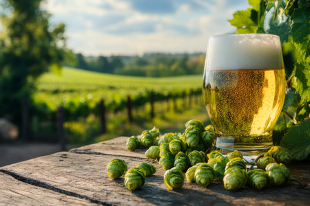 Refreshing glass of beer surrounded by fresh hop cones on a sunny day in the countryside