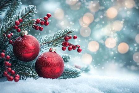 Festive christmas background with red ornaments, berries, and glittered decorations on pine treeの写真素材