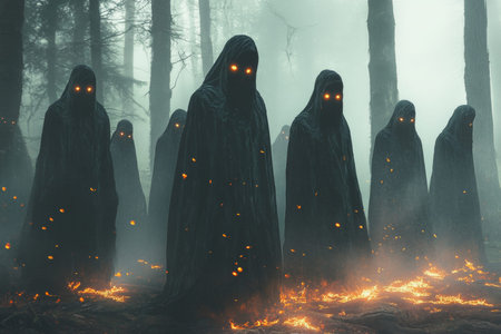Mysterious cloaked figures with glowing eyes in enchanted foggy forest concept art scene