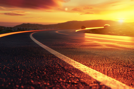 Captivating sunset highway long exposure car lights create a dreamy travel landscapeの写真素材