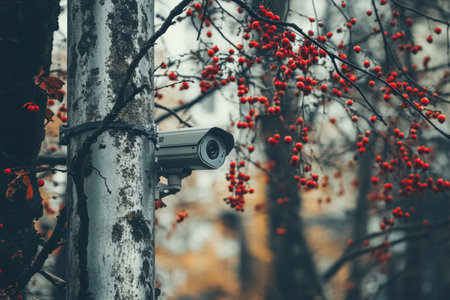 Industrial security camera on metal pole surrounded by red berries in a forest settingの写真素材