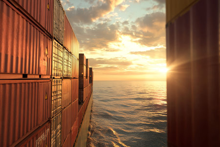 Stunning sunset view of an empty container ship with stacked cargo in a serene ocean landscape