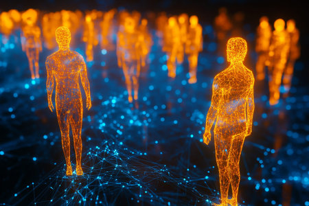 Abstract visualization of human connections with glowing orange figures on a digital blue background