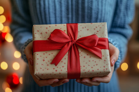 Close up of woman in blue sweater presenting wrapped gift box with red ribbon amidst bokeh lights