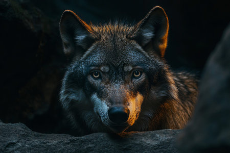 Striking portrait of a wolf on black background, highlighting intense gaze and rugged features