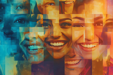 Vibrant mosaic of smiling faces with glitch effect celebrating diversity for women's day design